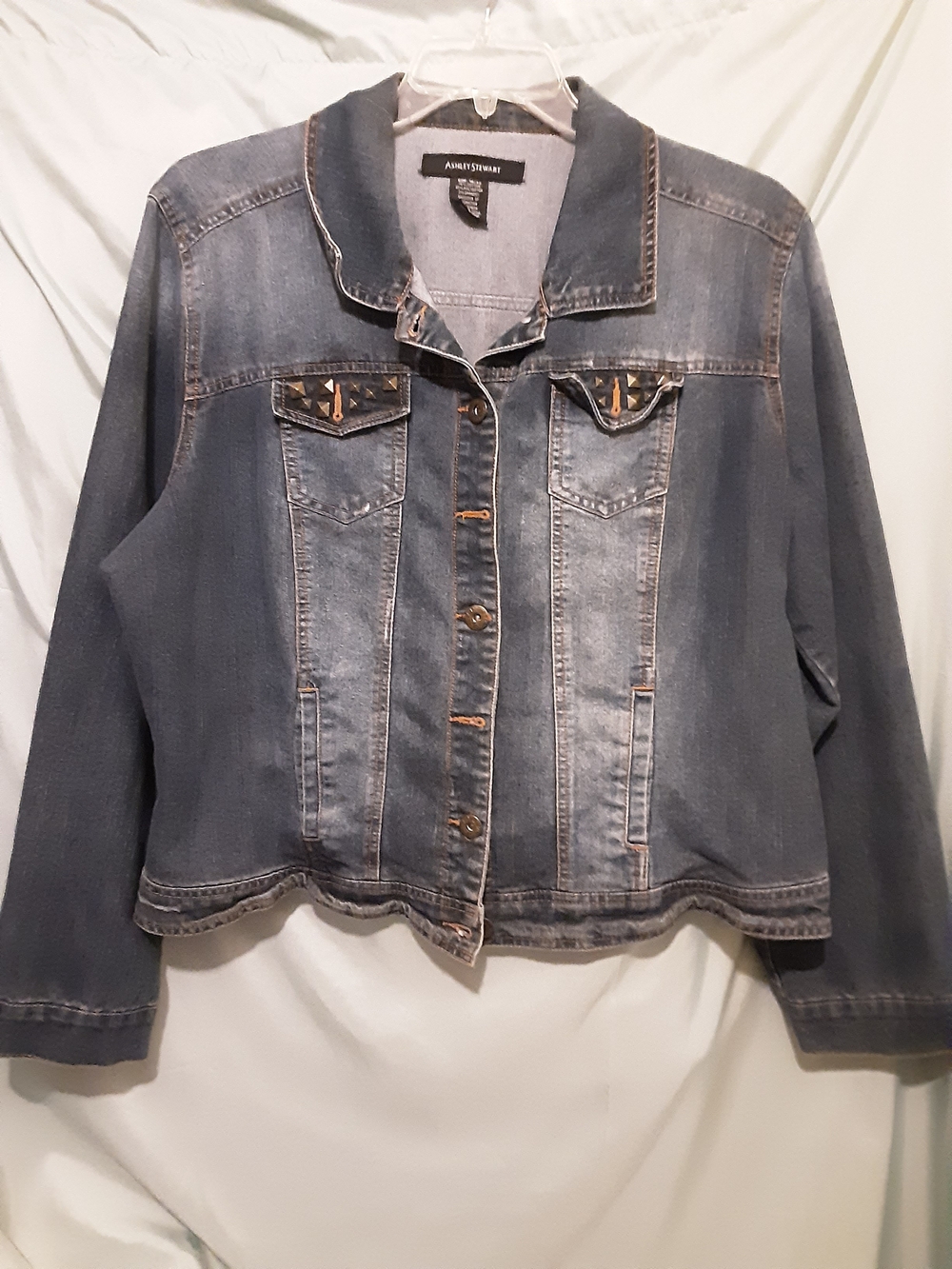 Ashley Stewart Medium Wash Denim Jacket with Contrast Stitching
